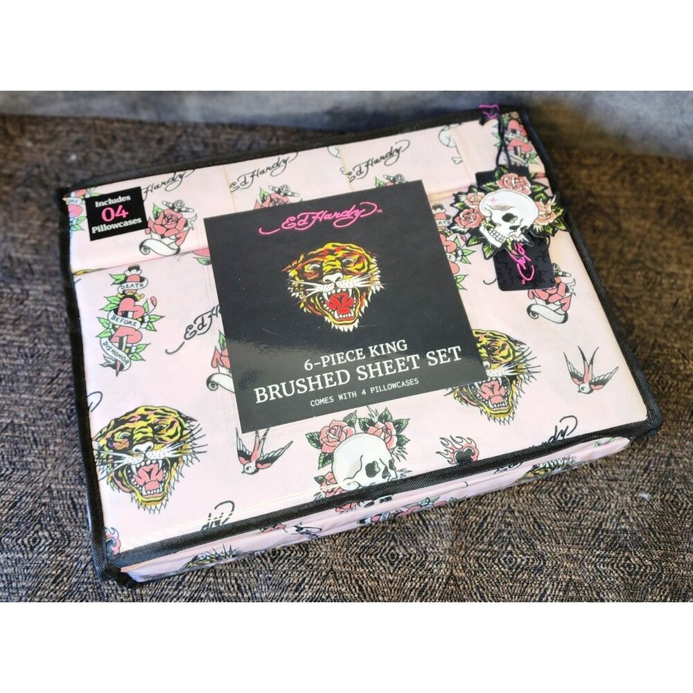 Ed Hardy 6-Piece King Brushed Sheet Set Pink Tattoo-Inspired Design Tiger Skull